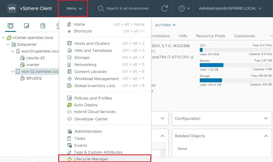 vmware vsphere client 7 menu