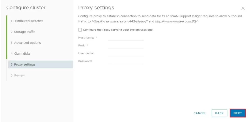 vsan cluster quickstart proxy settings