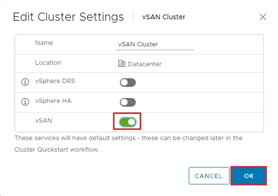 vsan edit cluster settings