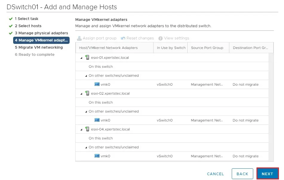 vswitch add and manage vmkernel