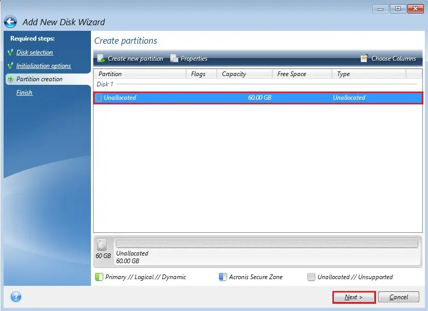 acronis partition creation