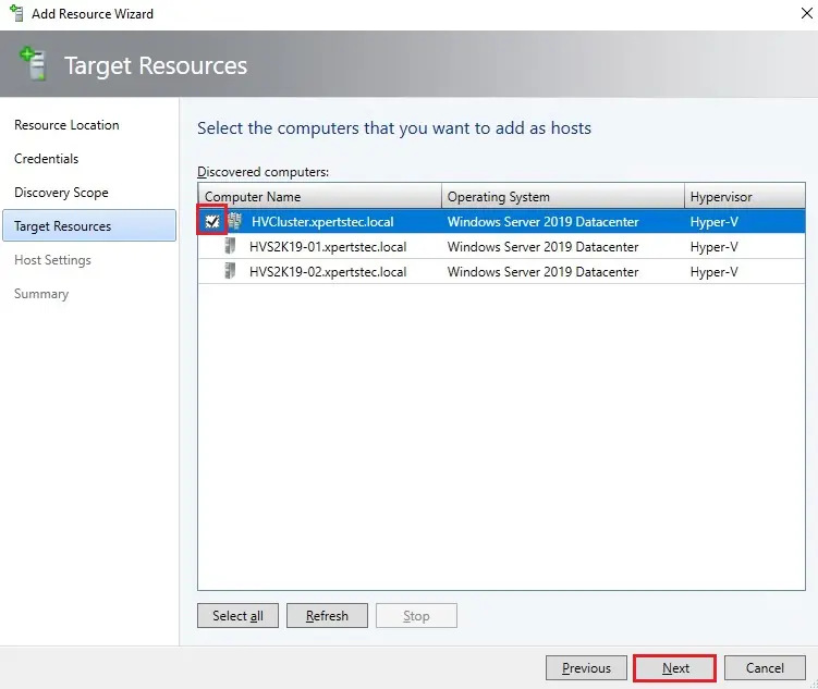 add resources wizard target resources