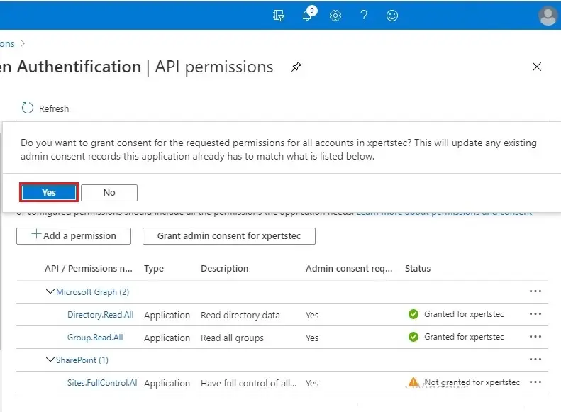 azure api permissions grant yes