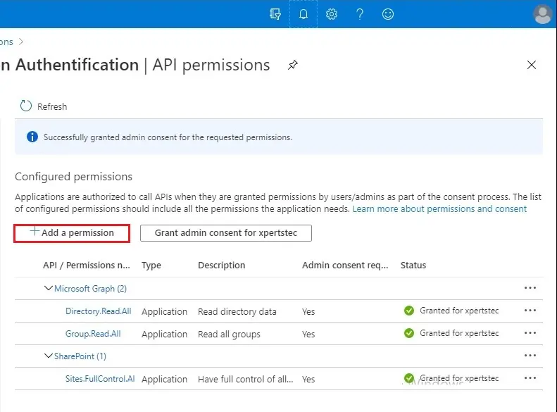 azure api permissions granted