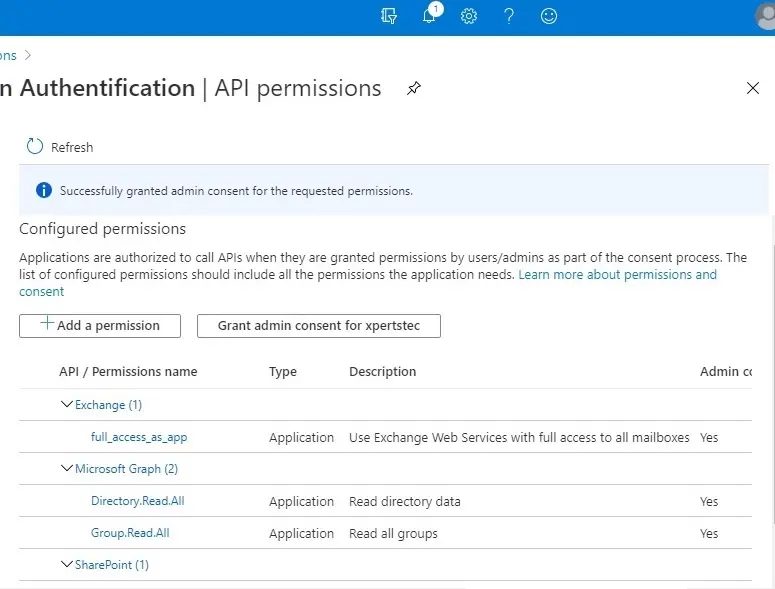 azure api permissions granted