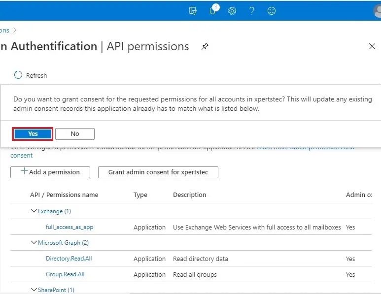 azure api permissions yes