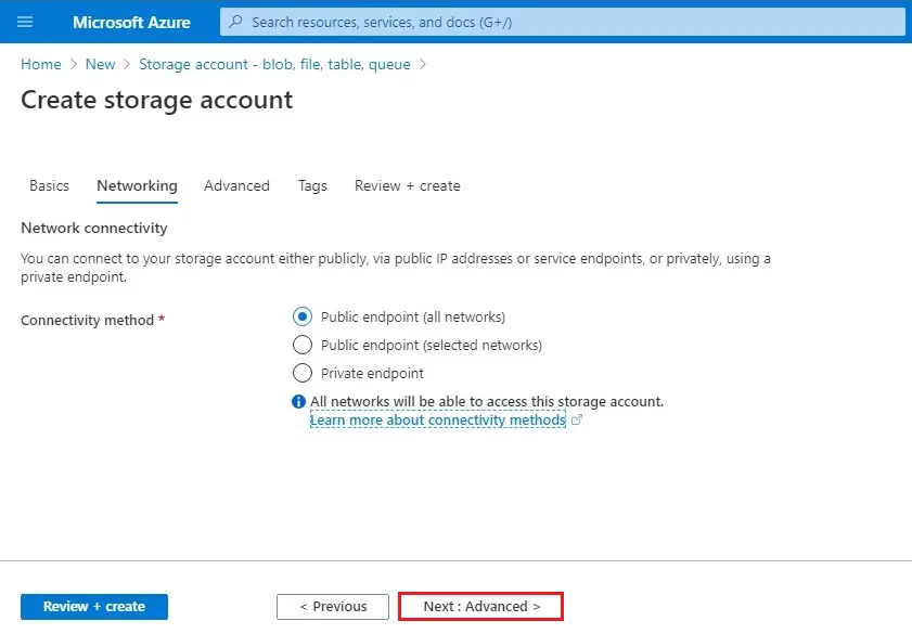 azure create storage account networking