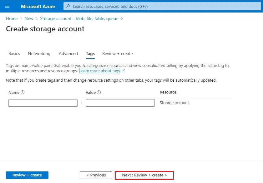azure create storage account tags