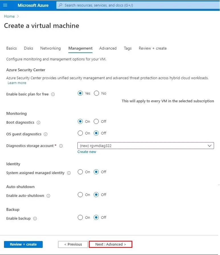 azure create vm management