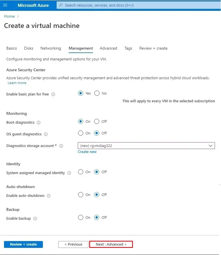 azure create vm management