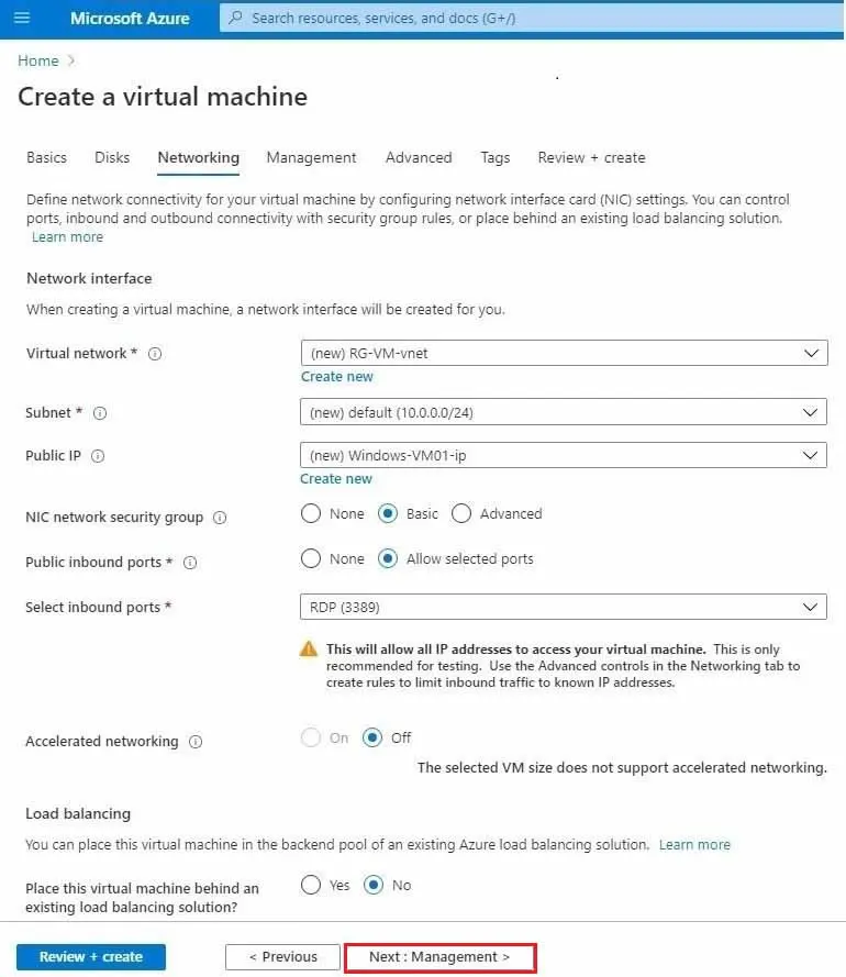 azure create vm networking