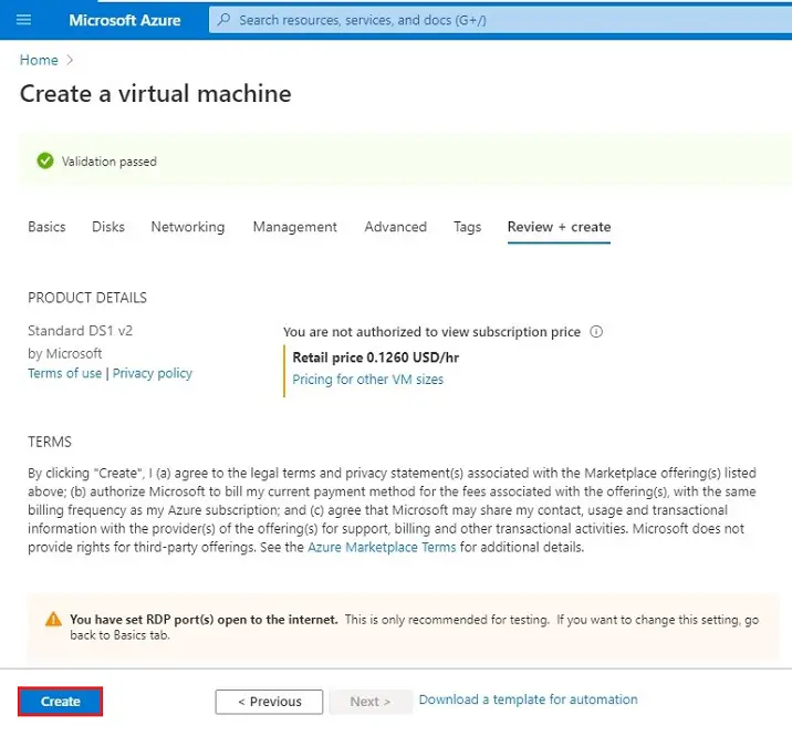 azure create vm review + create