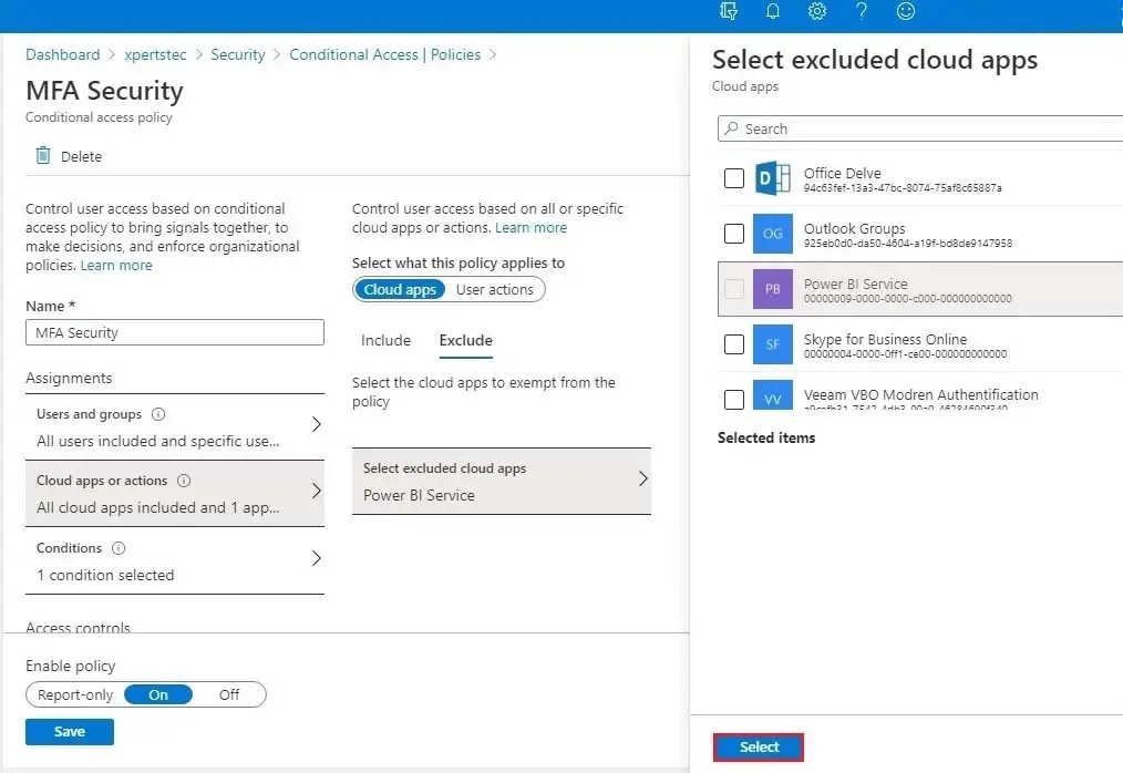 azure new policy cloud apps exclude