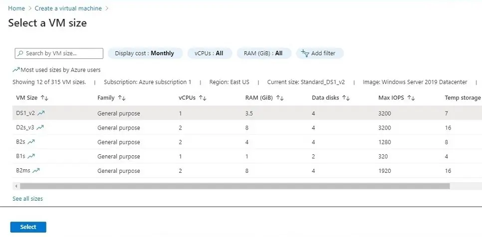 azure new vm select vm size