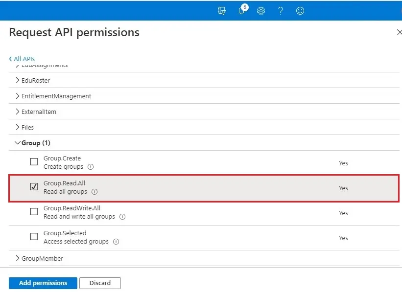 azure request api permissions group