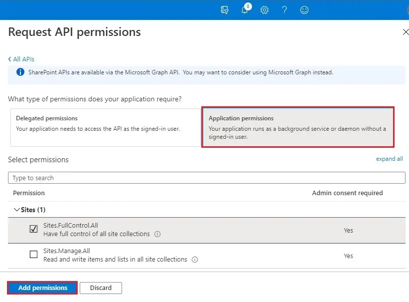 azure request api permissions sites