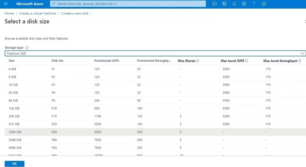 azure select a disk size