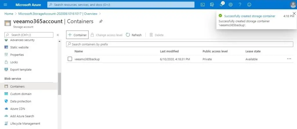 azure successfully created storage container