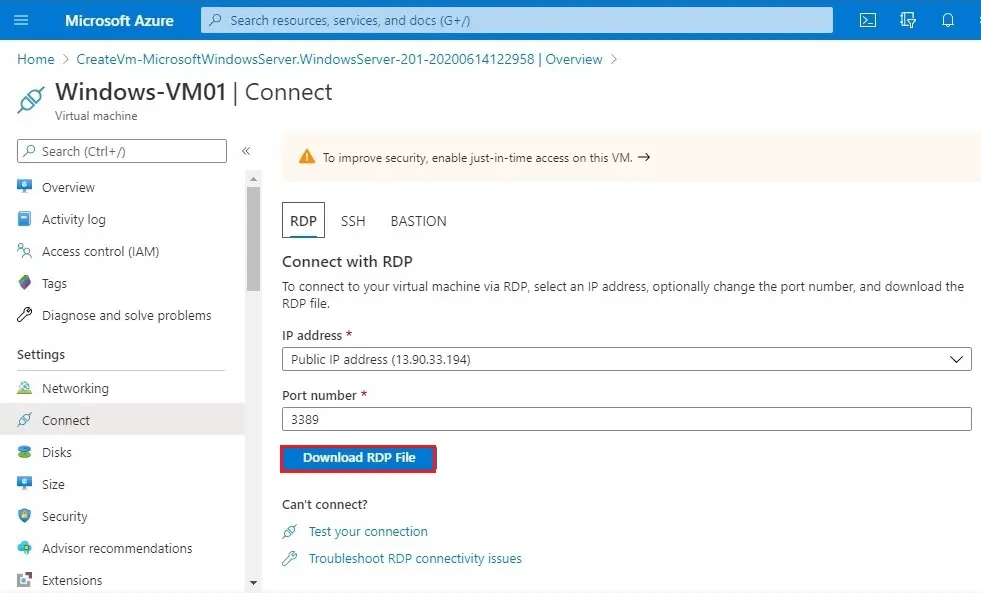 azure vm download rdp