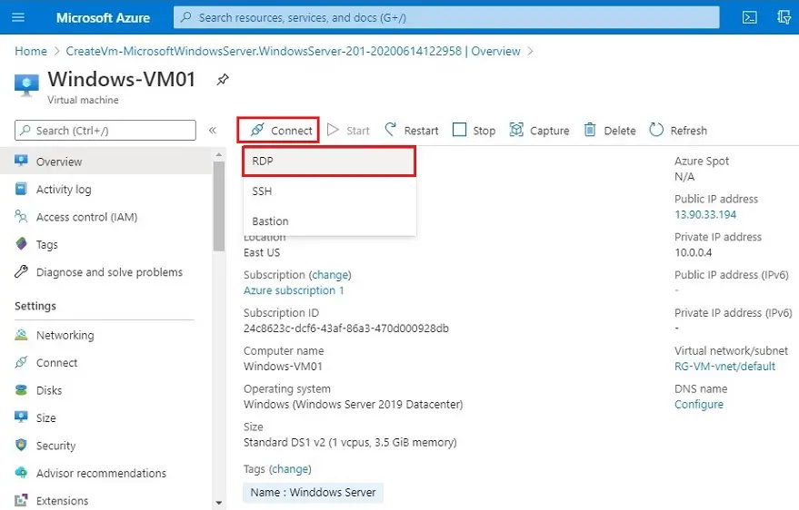 azure vm overview connect