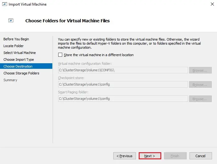 choose destination for virtual machine