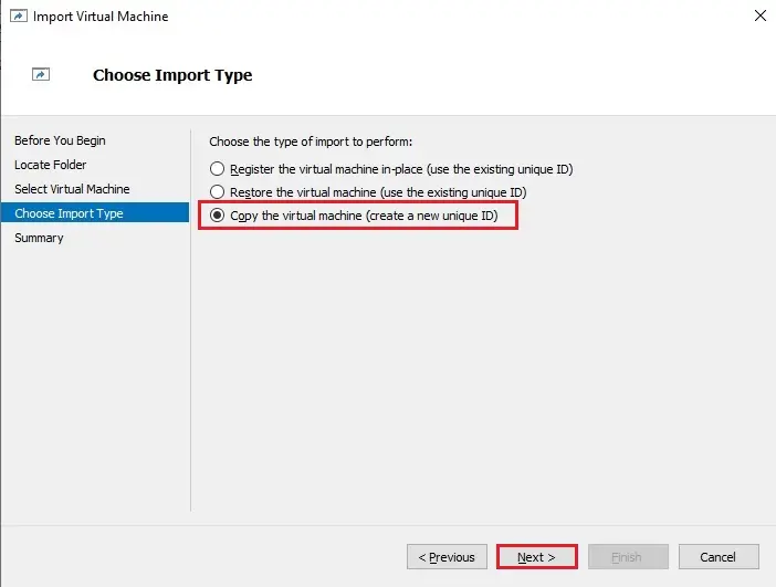 choose import type hyper v