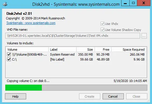 disk2vhd sysinternals copying