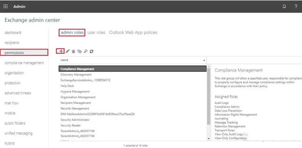 exchange admin center permissions