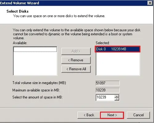 extend volume wizard disk