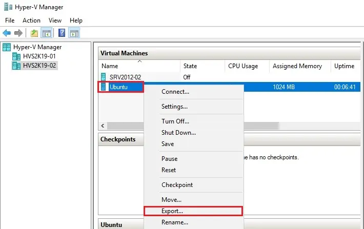 hyper-v manager export