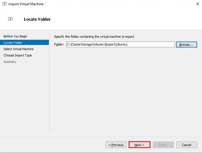 import virtual machine locate folder