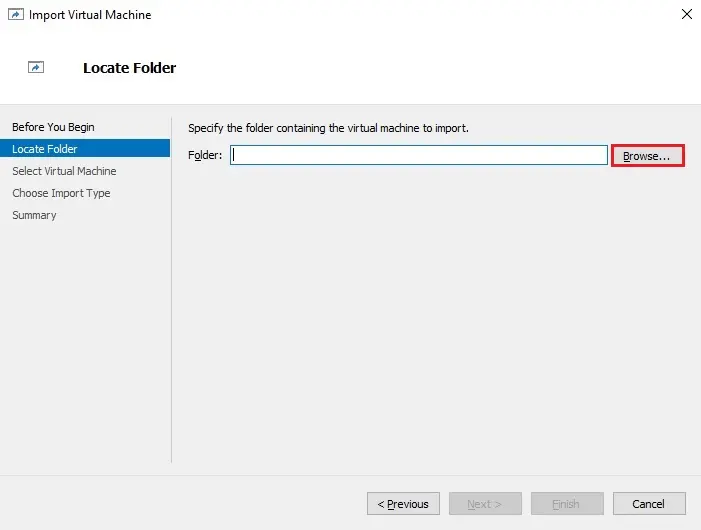 import virtual machine locate folder