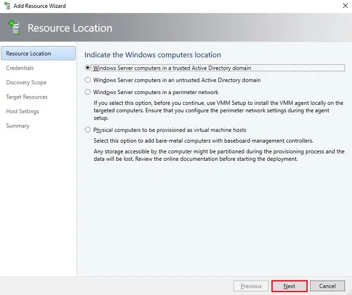 sccm add resources wizard location