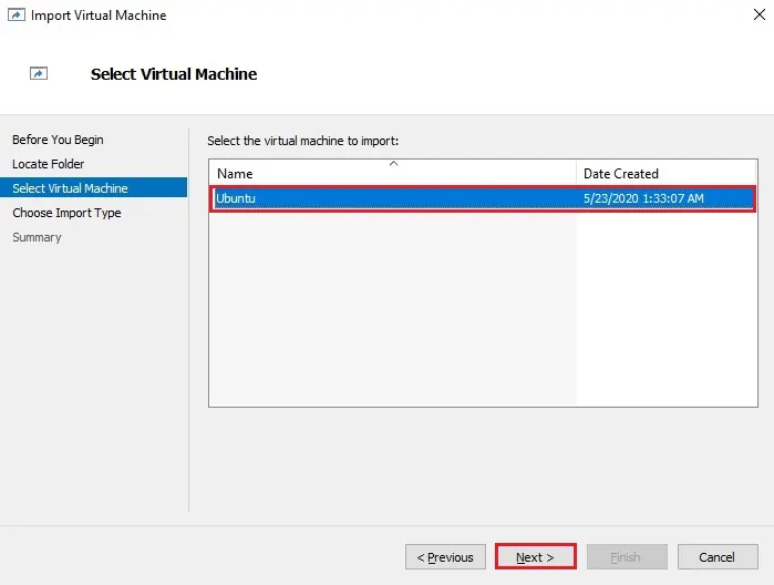 select virtual machine to import