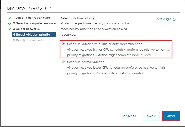 select vmotion priority
