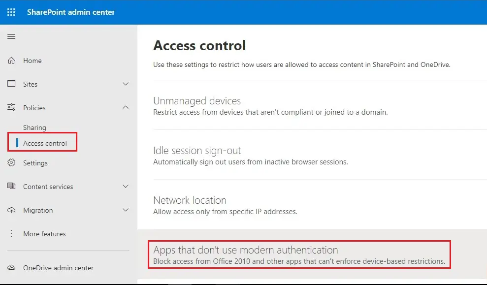 sharepoint admin center access control
