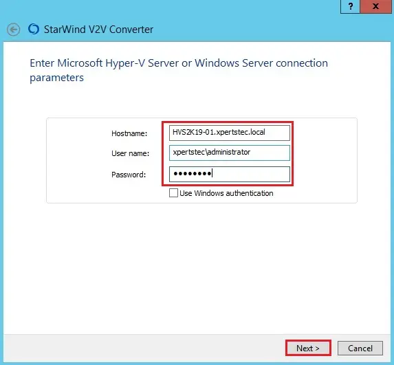 starwind v2v connection parameter