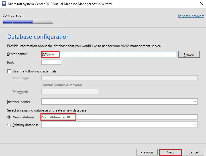 system center wizard database configuration