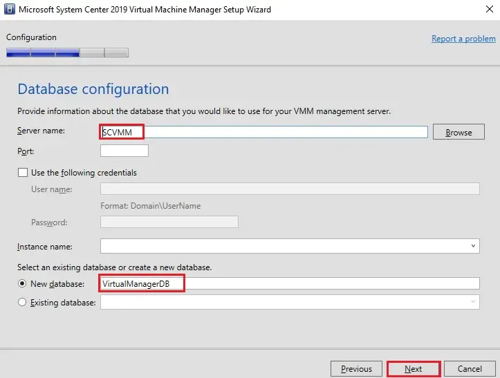 system center wizard database configuration