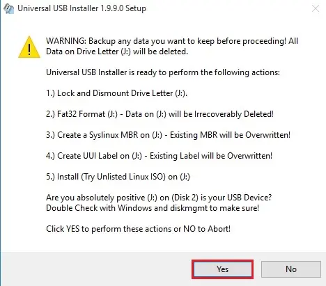 universal usb installer warning