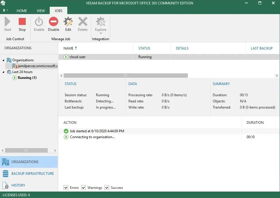 veeam job for office 365 in progress