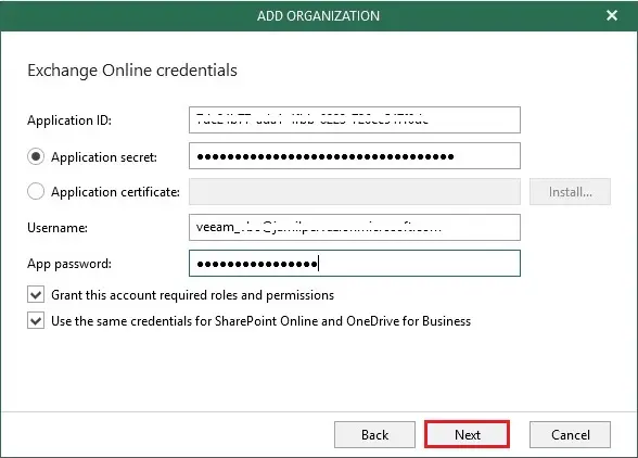 veeam exchange online credentials