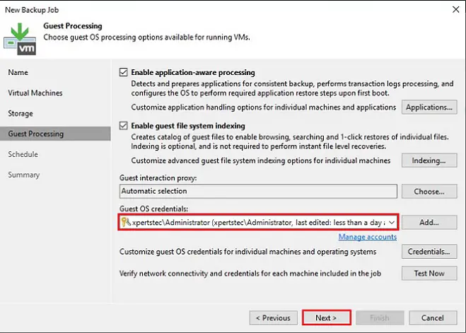 veeam new backup job guest processing