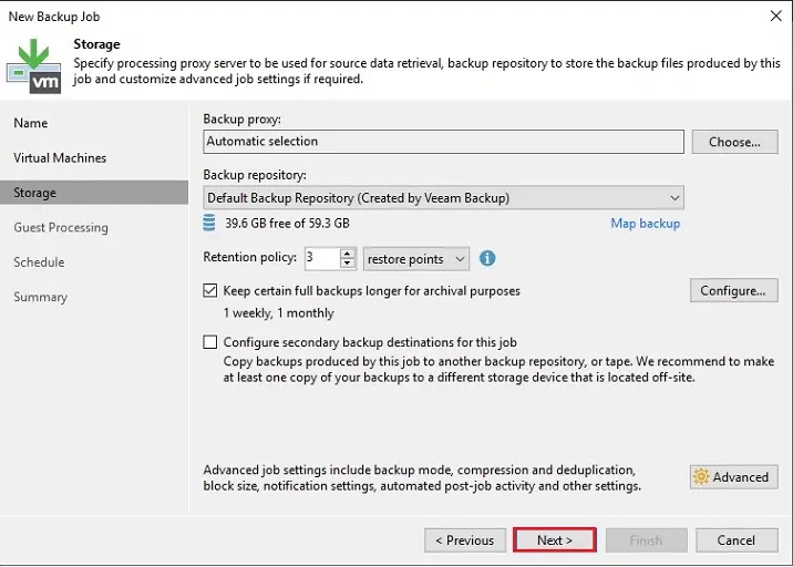 veeam new backup job storage