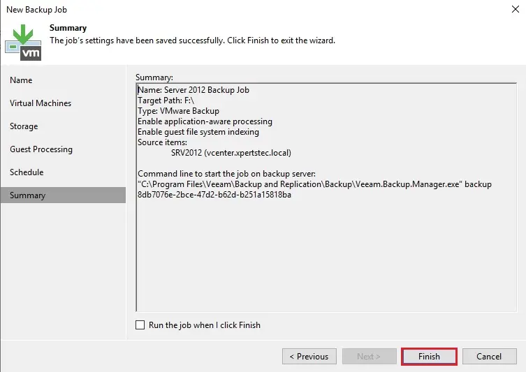 veeam new backup job summary