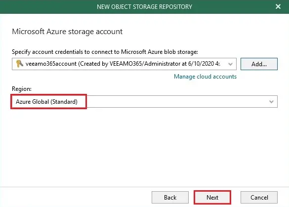 veeam object storage specify account