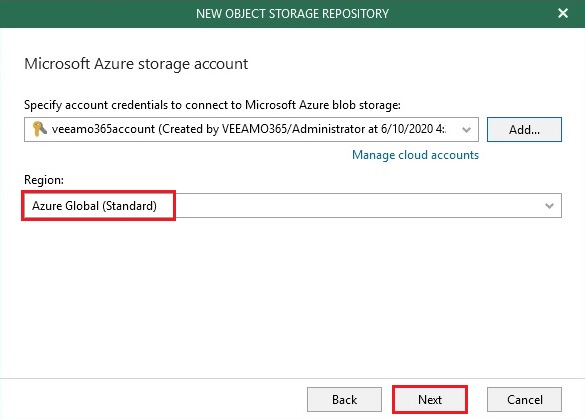 veeam object storage specify account