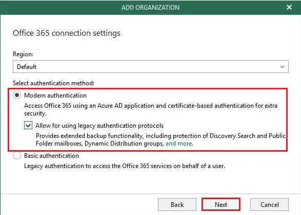veeam office 365 connection settings