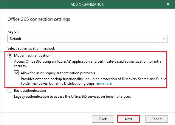 veeam office 365 connection settings