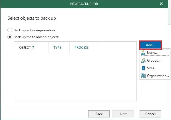 veeam select object to backup